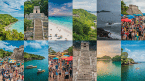 An engaging collage of 12 images depicting beaches, ancient stone ruins, verdant landscapes, ocean vistas, bustling festivals with market stalls, boats on water, and beachgoers on sandy shores under bright and partly cloudy skies—ideal for a Belize travel guide.