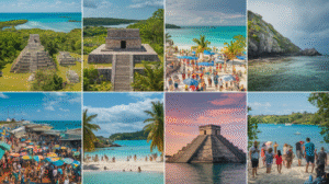 An engaging collage of eight images featuring ancient Mayan ruins, bustling beaches, clear turquoise waters, a vibrant marketplace with colourful umbrellas, tourists enjoying the scenery, and tropical landscapes under the sunny and partly cloudy skies typical of Belize weather.