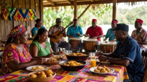 A group of individuals gathered around a table laden with various Garifuna food and drinks, while musicians in colourful attire play drums and guitars. The scene encapsulates the lively spirit of Garifuna culture, set in an outdoor environment adorned with vibrant tablecloths.