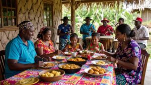 A family gathered around a colourful table outdoors in Belize, enjoying Garifuna cuisine together. In the background, musicians play drums and other instruments under a thatched roof, reflecting the vibrant Garifuna culture. Everyone appears relaxed and joyful.