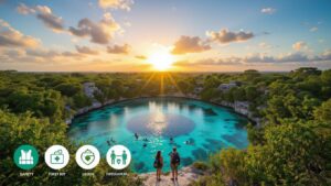 Two people stand at the edge of a lush, green lagoon with clear blue water at sunset. Swimmers enjoy the scene, while small buildings dot the trees. Four Belize safety icons are displayed in the bottom left corner.