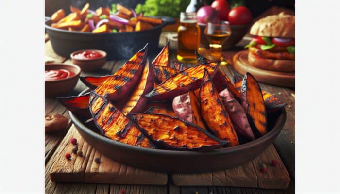 Smoked Sweet Potato Wedges: Smoked sweet potato wedges with a crispy exterior and soft interior on a rustic table at a vibrant cookout.