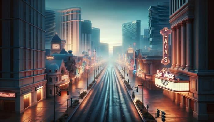 A serene early morning scene in Las Vegas with empty streets and quiet casinos.