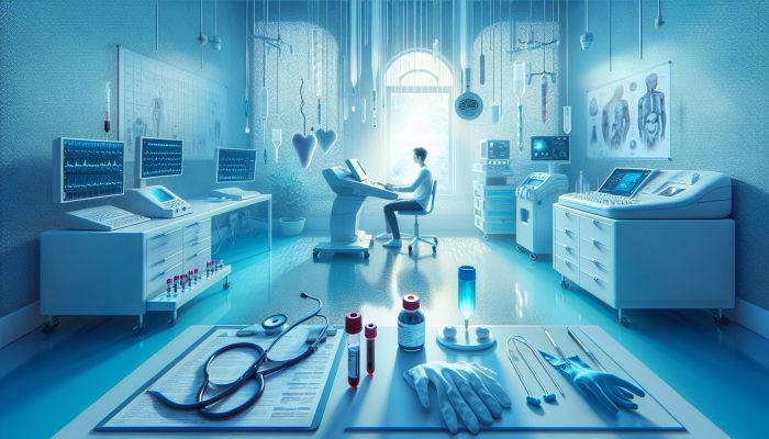 Person calmly preparing for a liver blood test in a serene medical setting with essential equipment.