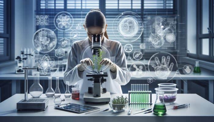 A scientist analysing rosemary plants under a microscope in a UK research facility, with charts and graphs displayed on screens.