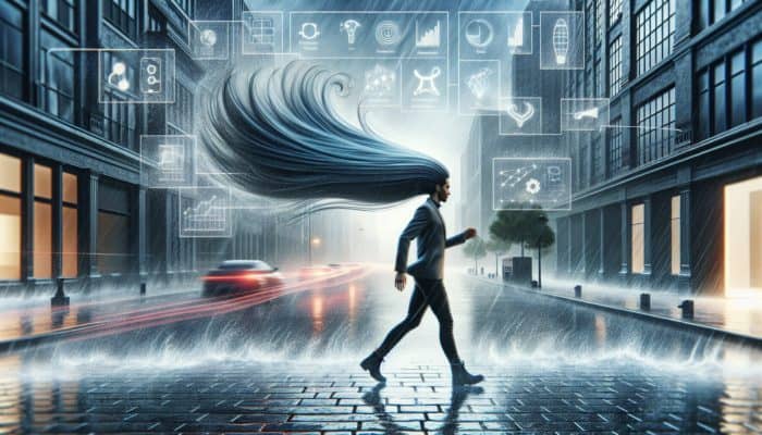 Individual with sleek, frizz-free hair confidently navigating a windy, rainy urban environment, demonstrating the effects of an ionic dryer.