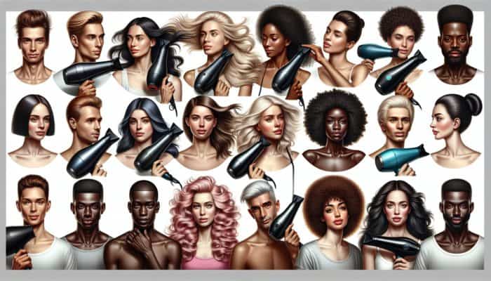 A diverse group of individuals using an ionic hair dryer, showcasing volume, smoothness, and enhanced curls with reduced frizz.