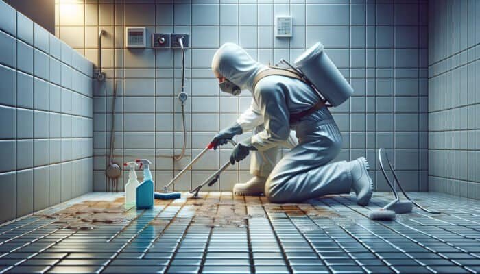 A professional cleaner diligently scrubbing stained grout on a bathroom floor, achieving an impeccable finish.