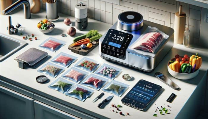 Essential sous vide cooking tools including a precision cooker, vacuum-sealed bags, digital thermometer, and smartphone app on a kitchen countertop.