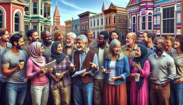 West End neighbours at a community gathering sharing trusted contractor recommendations amidst local architecture.