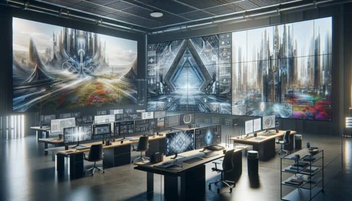A modern workspace with screens displaying architectural and landscape images in WebP, browser compatibility charts, and fallback options.