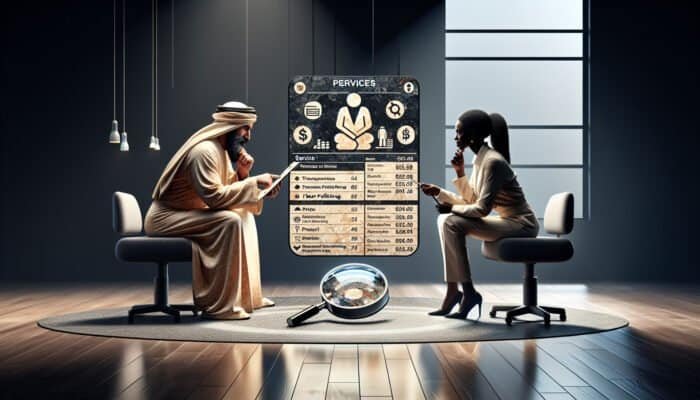 Person comparing travertine polishing quotes with magnifying glass in modern office.