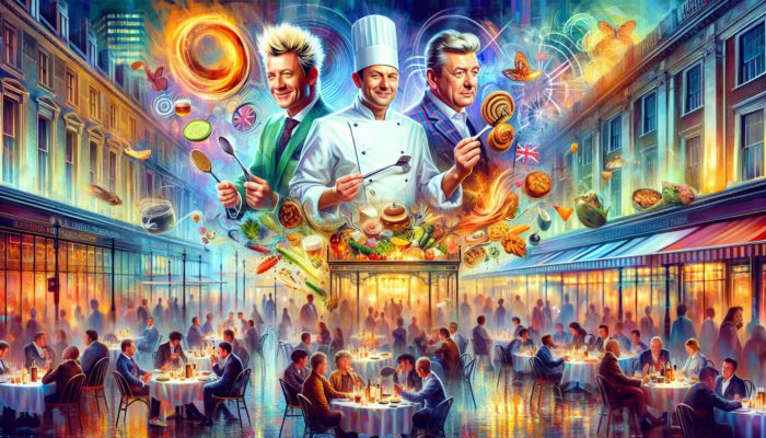 Celebrated chefs Gordon Ramsay, Wolfgang Puck, and Guy Fieri amidst the lively culinary scene of Las Vegas.