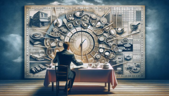 Individual using a calendar and clock to strategically schedule restaurant reservations amidst diverse dining scenes.