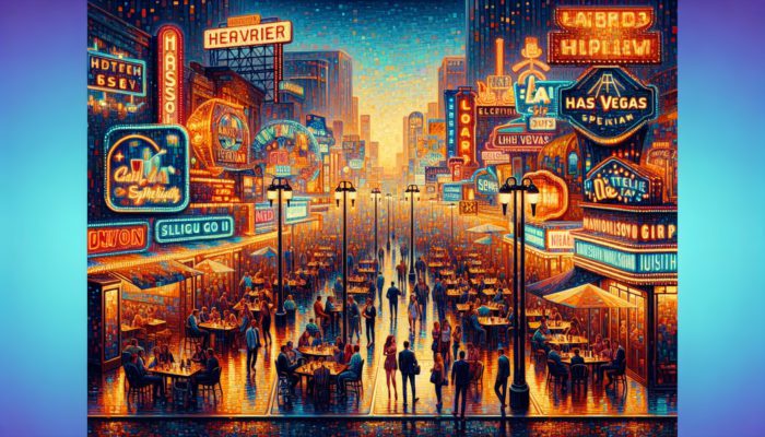 Las Vegas Strip at dusk, illuminated with neon signs advertising off-peak dining specials at celebrity chef restaurants.