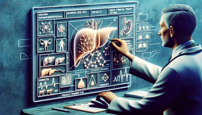 A doctor in Seaham reviews liver test results on a screen, tailoring a personalized treatment plan.