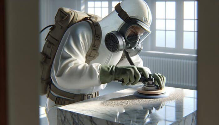 Person in protective gear polishing limestone with powder in well-ventilated room for glossy finish.