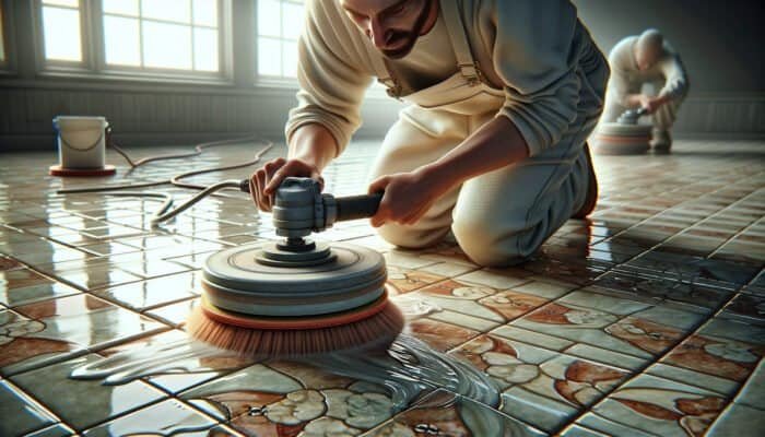 Person applying glossy sealant to quarry tiles, buffing to a high sheen for protection and shine.