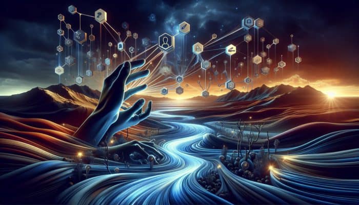 Illustration of hands reaching towards radiant streams of light symbolising link equity within a digital landscape.