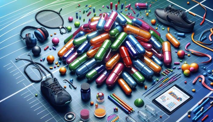 Colourful probiotic capsules with athletic gear, labelled for performance, on a dynamic sports background.