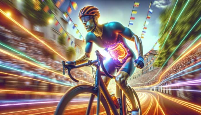 Cyclist in European race, healthy and focused, with glowing gut symbolising Saccharomyces boulardii benefits.