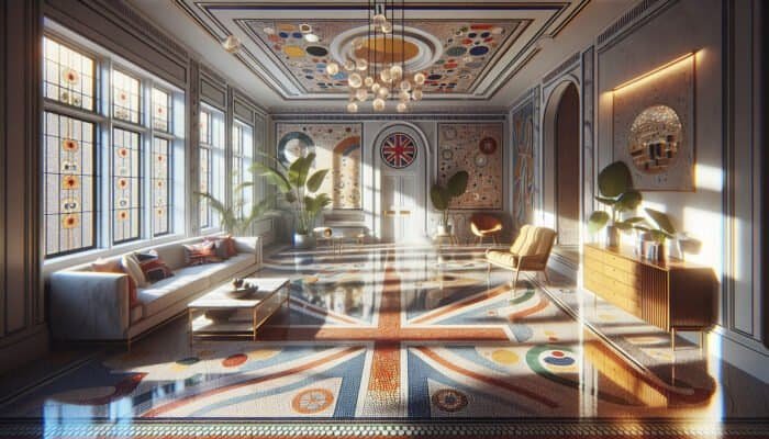 Gleaming terrazzo floors in a UK home, enhanced by wax, reflecting light and showcasing patterns.