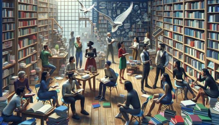 A vibrant bookstore with diverse groups in animated book club discussions, surrounded by varied genre shelves, fostering community.