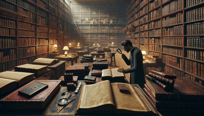 A collector examines a first edition in a dimly lit library filled with ancient, leather-bound books.