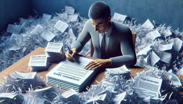 Debt Consolidation for Auto Loan Debt: A Comprehensive Guide | DCL Person signing loan document with lower rate, surrounded by shredded high-interest papers, symbolising debt consolidation.