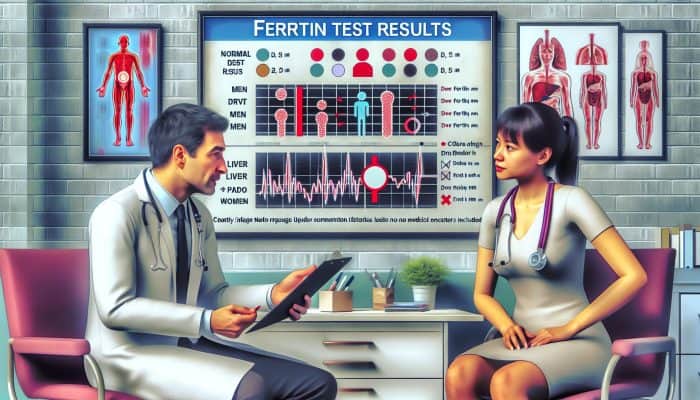 A medical chart with ferritin test results, a doctor discussing with a patient in Dover clinic.
