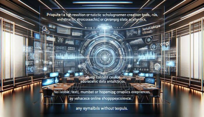 Futuristic e-commerce workspace with holographic screens and strategic content tools enhancing online shopping.