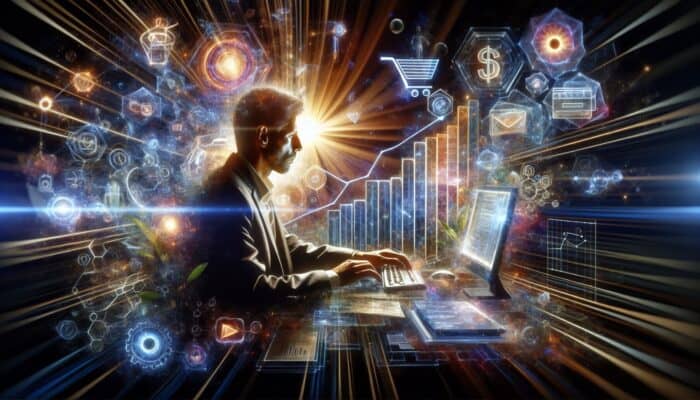 A digital marketer analyzing SEO data on a computer, with e-commerce icons and upward trend graphs.