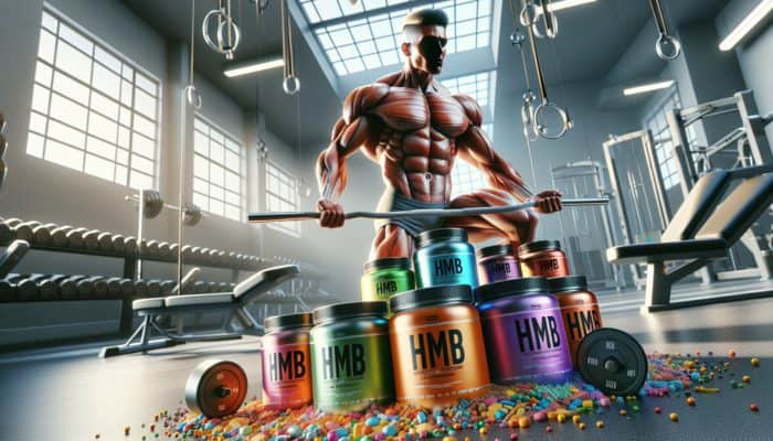 A muscular person lifting weights in a gym, surrounded by HMB and protein supplements, showcasing a toned physique.