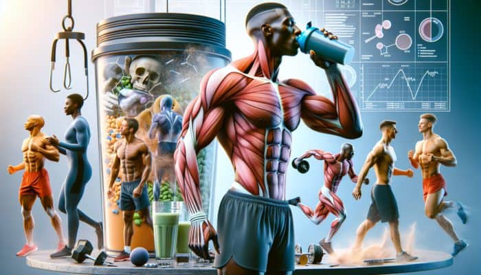 Athletes consuming HMB and protein shakes post-workout for muscle recovery and nutrient absorption.