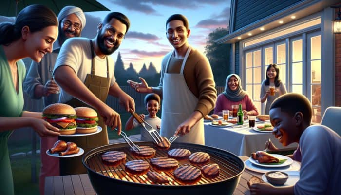 A novice griller serving juicy burgers, tender ribs, and grilled chicken to impressed family and friends in a warm backyard setting.