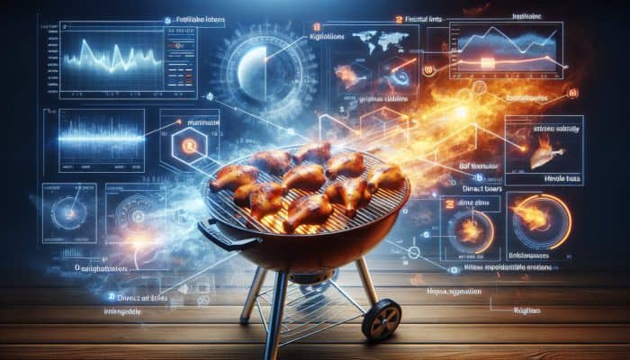 Marinated chicken thighs grilling on a BBQ, transitioning from indirect to direct heat for crispy, charred skin.