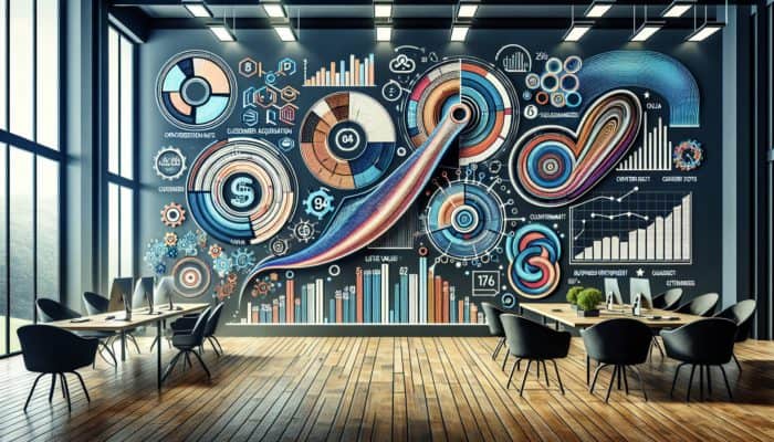 Sanity vs Vanity: A digital dashboard showing sanity metrics like conversion rates and customer engagement graphs in a modern office.