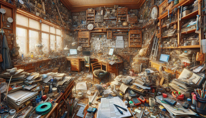 Detailed walkthrough of a cluttered house, evaluating furniture and items, planning a clearance strategy with tools.