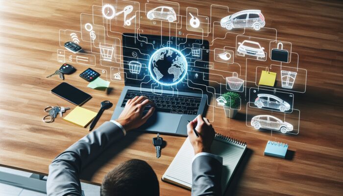 Person using laptop to compare car rental options on website, with notes and calendar on table.