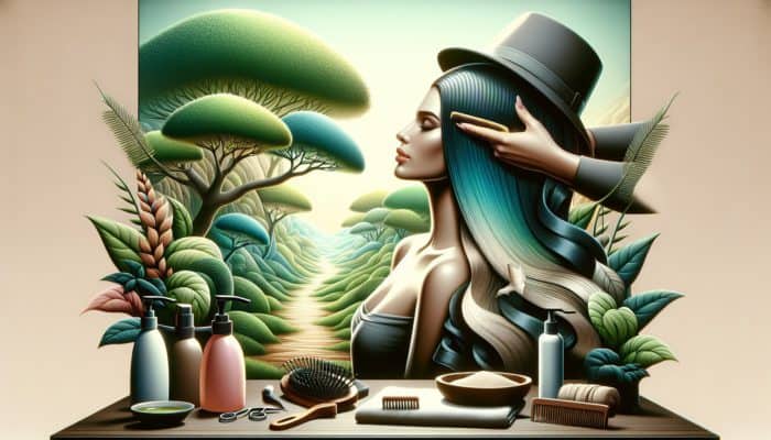 Woman with shiny hair using natural oil shampoo, getting scalp massage, wearing hat, and getting haircut in lush environment.