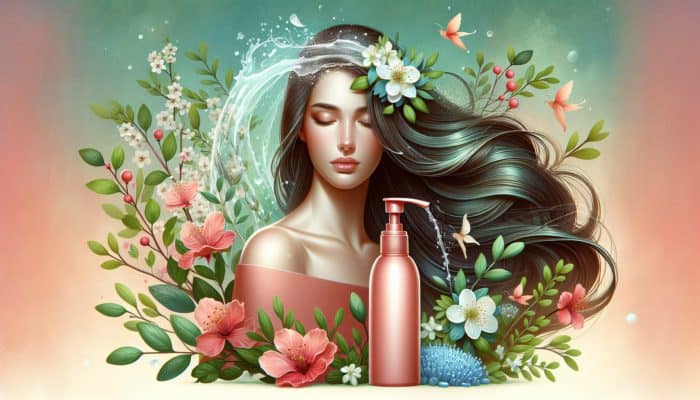 Spring hair refresh with clarifying shampoo, revitalizing locks amidst blooming flowers and greenery.