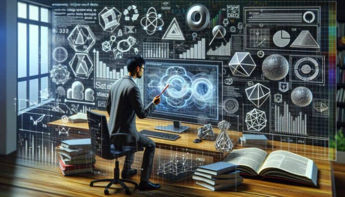 Using Original Research for Backlink Attraction: A digital marketer analysing data visualisations on a screen, surrounded by research materials, enhancing SEO credibility.