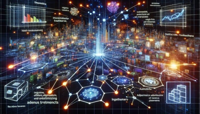 Utilising Programmatic Ads for Enhanced Hosting Efficiency: A futuristic digital marketplace with nodes for real-time ad transactions and graphs showing revenue growth.