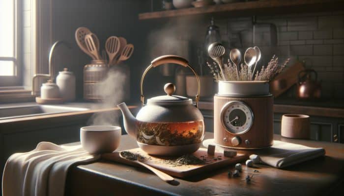 A cozy kitchen with a teapot of herbs, steam, timer, and cooling container for baby's safety.