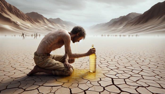 Wilderness Survival Myths: A dehydrated individual in a desert holding a bottle of urine, with mirages and cracked ground.