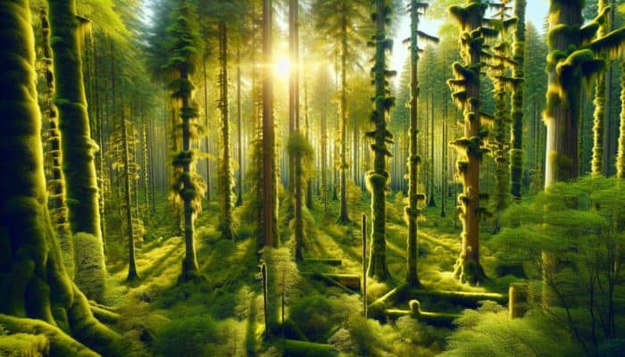 Moss covering trees on all sides in a vibrant forest, with sunlight filtering through the leaves.