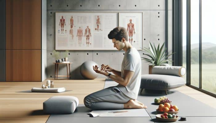 Man practicing acupressure at home, surrounded by yoga mat, fruits, and meditation cushion.