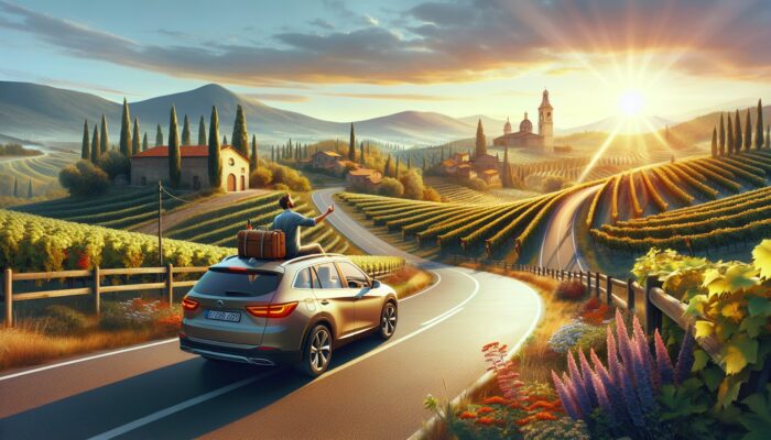 Traveler in rented car exploring rural road, discovering vineyard and historic site.