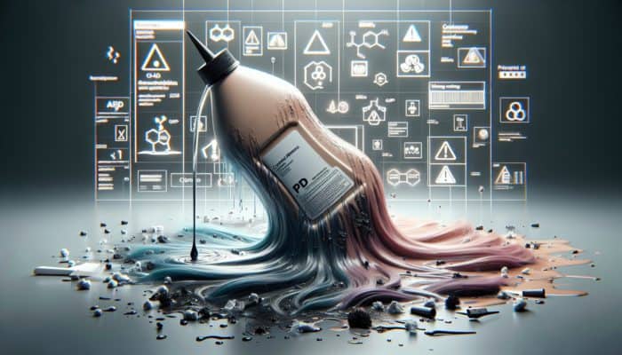 Close-up of a leaking hair dye bottle with PPD, ammonia, resorcinol, showing damaged hair and warning symbols.