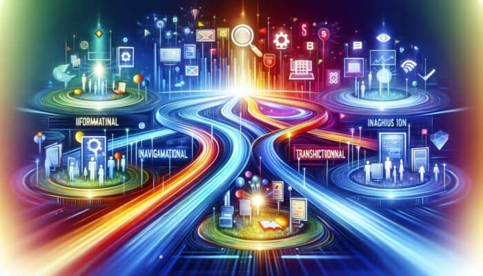 A vibrant digital landscape with paths representing different search intents, each in unique colors and icons.